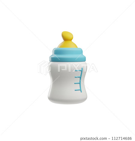 Baby milk bottle 3D style vector, feeding blue container with pacifier for newborns, infants nutrition and baby care Baby milk bottle 3D style vector, feeding blue container with pacifier for newborns, infants nutrition and baby care 112714686