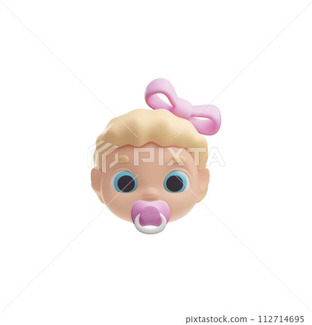 Cute beautiful baby girl face with pink nipple and bow 3D avatar, vector cartoon lovely blond newborn with big blue eyes 112714695