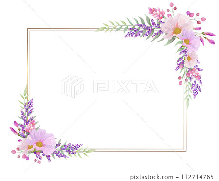 Square frame of pink and purple ornate flowers. rectangular text space 112714765