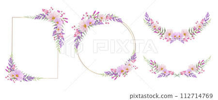 Ornate pink and purple floral frame. Round, square circular frame. 112714769
