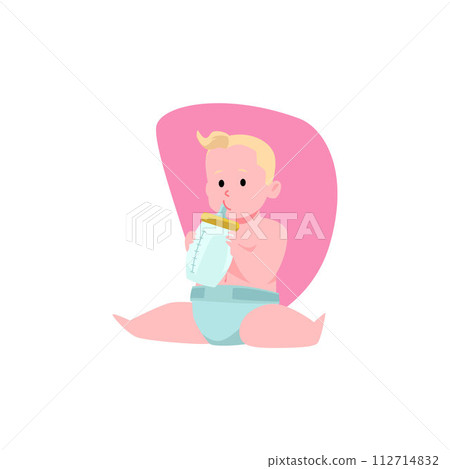 Cute blonde baby boy in diaper sitting and drinking from bottle flat style 112714832