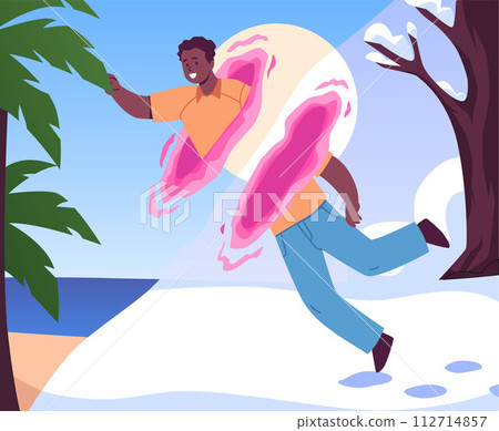 Teleportation jump of a man from the snow to the sea in the Metaverse. Teleportation jump of a man from the snow to the sea in the Metaverse. 112714857