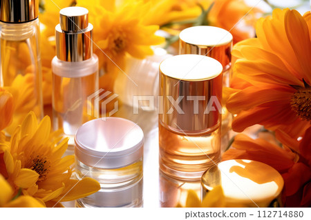 AI-generated content. Premium skincare essentials elegantly displayed amongst bright sunflowers, reflecting a luxury beauty experience. Generative Ai. 112714880
