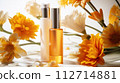 AI-generated content. Cosmetic Bottles with Floral Decor on Soft Background Generative Ai. 112714881