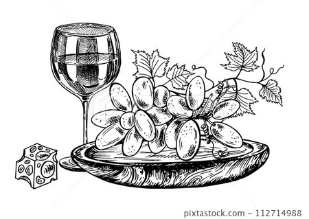 Vector set of sketches of beverage and food on a white background. Wine glass grapevine leaf, a piece of cheese and the branches of the vine. Menu, design, flyer. web, restaurant Vector set of sketches of beverage and food on a white background. Wine glass grapevine leaf, a piece of cheese and the branches of the vine. Menu, design, flyer. web, restaurant 112714988
