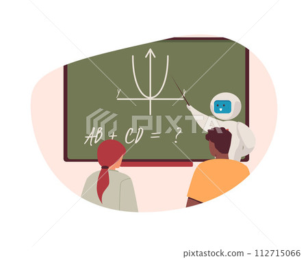 AI in digital learning, teaching children flat illustration. AI in digital learning, teaching children flat illustration. 112715066