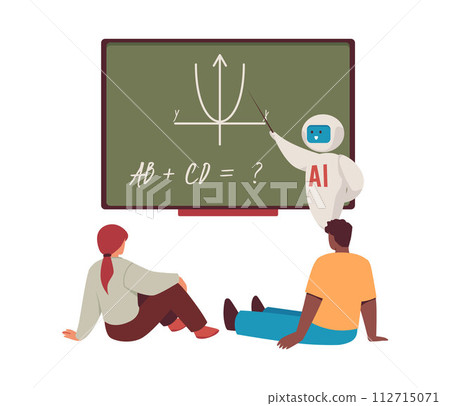 Robot teacher explains geometry to children flat style Robot teacher explains geometry to children flat style 112715071