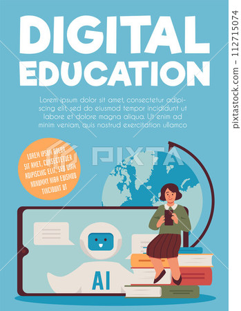 Girl with smartphone sitting on a stack of books, web site with ai robotic assistance, Digital education vector poster Girl with smartphone sitting on a stack of books, web site with ai robotic assistance, Digital education vector poster 112715074