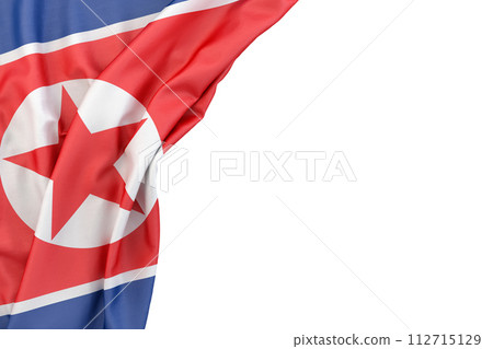 Flag of North Korea in the corner on white background. Isolated. 3D Rendering 112715129