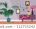 Vector illustration of an interesting vintage interior with photographs and pictures. Horizontal format. 112715242