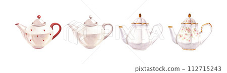 Porcelain ceramic set white teapot with a pattern of roses and gold classic style. Watercolor hand-drawn illustration isolated on white background. Perfect for recipe lists with drinks for cafe Porcelain ceramic set white teapot with a pattern of roses and gold classic style. Watercolor hand-drawn illustration isolated on white background. Perfect for recipe lists with drinks for cafe 112715243