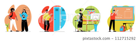School learning concept with people scenes set in flat web design. Bundle of character situations with classmates discussing, saves books in locker, going to lessons in class. Vector illustrations. 112715292