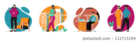Pregnancy concept with people scenes set in flat web design. Bundle of character situations with young family waiting baby, mothers with pregnant bellies in daily activity. Vector illustrations. Pregnancy concept with people scenes set in flat web design. Bundle of character situations with young family waiting baby, mothers with pregnant bellies in daily activity. Vector illustrations. 112715294