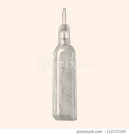 Oil bottle with dispenser. Hand drawn vector illustration for oil labels, packaging design. Vector sketches with transparent background Oil bottle with dispenser. Hand drawn vector illustration for oil labels, packaging design. Vector sketches with transparent background 112715295