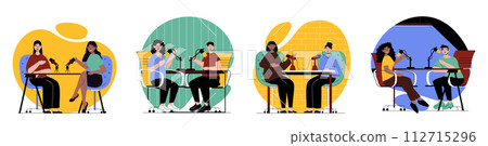 Podcast concept with people scenes set in flat web design. Bundle of character situations with men and women speaking in microphones, making live streaming or recording audio. Vector illustrations. 112715296