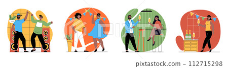 Party concept with people scenes set in flat web design. Bundle of character situations with men and women dancing, celebrating drinking champagne and having fun at holiday. Vector illustrations. 112715298