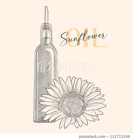 Bottle of sunflower oil with flower. Vector illustration. Bottle of sunflower oil with flower. Vector illustration. 112715299