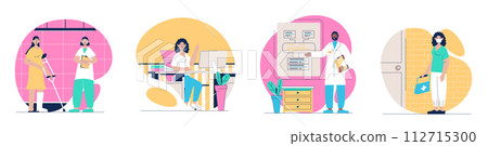 Medical concept with people scenes set in flat web design. Bundle of character situations with patients on rehabilitations, doctors and nurses working at clinic and hospital. Vector illustrations. Medical concept with people scenes set in flat web design. Bundle of character situations with patients on rehabilitations, doctors and nurses working at clinic and hospital. Vector illustrations. 112715300