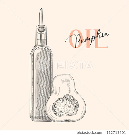 Engraving bottle and pumpkin oil. Isolated vector illustration on white background. Pumpkin and bottle in engraving style. Vector EPS 10 112715301
