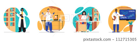 Laboratory concept with people scenes set in flat web design. Bundle of character situations with scientists experimenting and making scientific tests or medical analysis in lab. Vector illustrations. Laboratory concept with people scenes set in flat web design. Bundle of character situations with scientists experimenting and making scientific tests or medical analysis in lab. Vector illustrations. 112715305