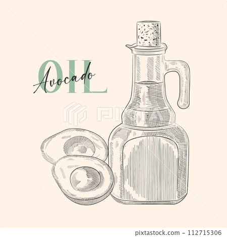 Vintage avacado oil bottle. Vector Hand drawn illustration. Glass jug with vintage engraving isolated on white background. EPS 10 Vintage avacado oil bottle. Vector Hand drawn illustration. Glass jug with vintage engraving isolated on white background. EPS 10 112715306