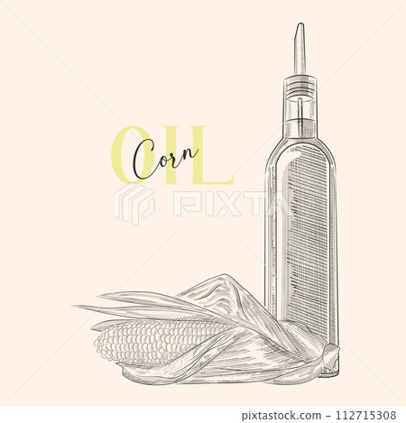 Vintage hand painted corn oil bottle. Isolated shaded bottle with vegetable oil and corn. Engraving style. Vector EPS 10. Vintage hand painted corn oil bottle. Isolated shaded bottle with vegetable oil and corn. Engraving style. Vector EPS 10. 112715308