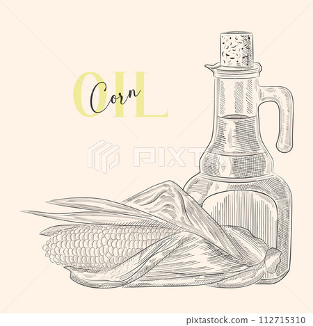 Corn oil hand drawn. Corn plant, grain and glass bottle of oil isolated on white background. Maize vector illustration. Engraving style. Corn oil hand drawn. Corn plant, grain and glass bottle of oil isolated on white background. Maize vector illustration. Engraving style. 112715310