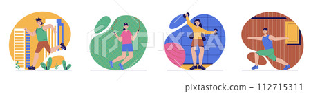 Fitness concept with people scenes set in flat web design. Bundle of character situations with men and women running, exercising with jumping rope, dumbbell training, doing yoga. Vector illustrations. 112715311