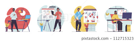 Business planning concept with people scenes set in flat web design. Bundle of character situations with employees brainstorming, making strategy and analyzing charts in office. Vector illustrations. 112715323