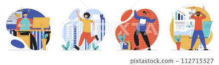 Anger emotion concept with people scenes set in flat web design. Bundle of character situations with angry feeling and aggressive expression at office, paperwork stress, other. Vector illustrations. Anger emotion concept with people scenes set in flat web design. Bundle of character situations with angry feeling and aggressive expression at office, paperwork stress, other. Vector illustrations. 112715327