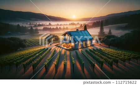 House with solar panels on the vineyard farm, nestled among misty rolling hills. Generative AI 112715622