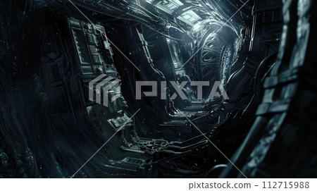 Spooky dark interior of alien spaceship, inside extraterrestrial spacecraft, scary corridor of futuristic starship. Theme of space, sci-fi, horror, movie. Spooky dark interior of alien spaceship, inside extraterrestrial spacecraft, scary corridor of futuristic starship. Theme of space, sci-fi, horror, movie. 112715988