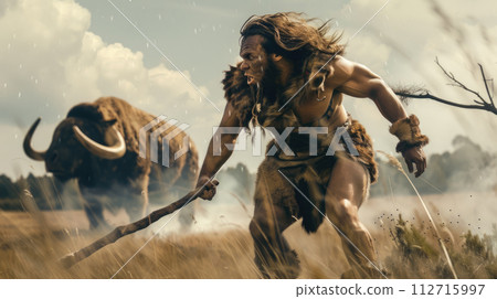 Neanderthal man runs away from big woolly buffalo, primitive hunter and animal in prehistoric era. Concept of caveman, ancient people, hunt and human Neanderthal man runs away from big woolly buffalo, primitive hunter and animal in prehistoric era. Concept of caveman, ancient people, hunt and human 112715997