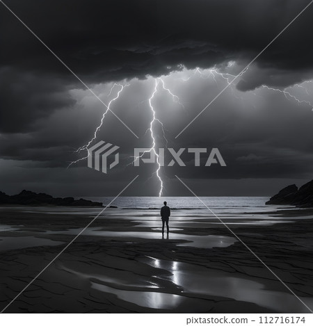AI-generated content. On a beach under a tumultuous thunderstorm and lightning. 112716174