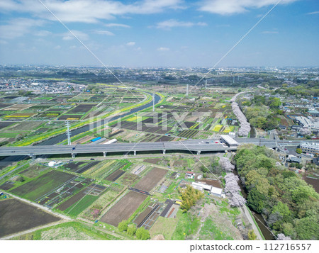 "Saitama Prefecture" Spring scenery near Niiminumuma Bridge seen from above by drone 112716557