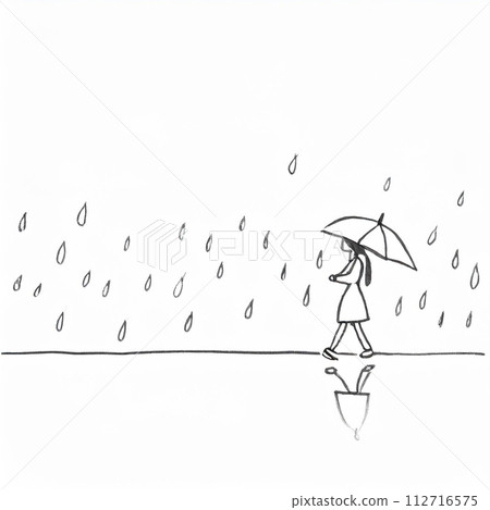 雨中打著傘沿著地平線行走的側身女人 雨中打著傘沿著地平線行走的側身女人 112716575