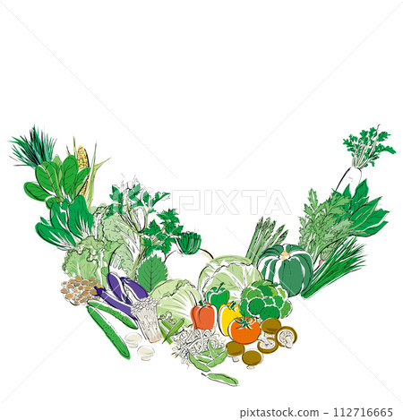 Illustration of a collection of vegetables arranged in a v shape Illustration of a collection of vegetables arranged in a v shape 112716665