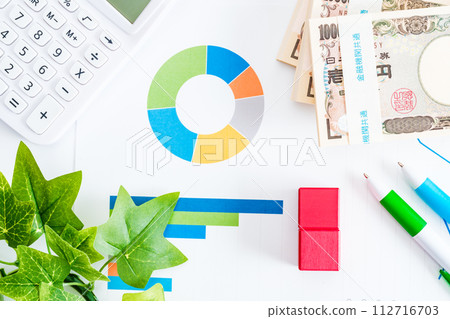 Two red blocks and an image of an asset management plan. Text can be embedded and synthesized 112716703