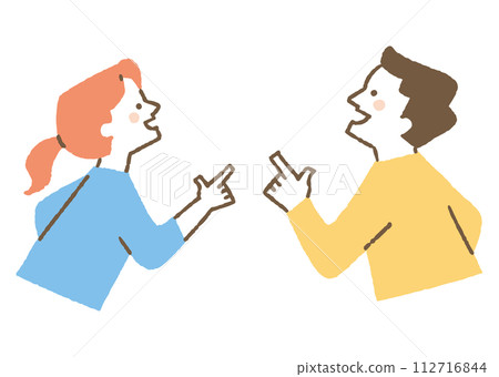 A man and a woman pointing a finger and looking up_color A man and a woman pointing a finger and looking up_color 112716844