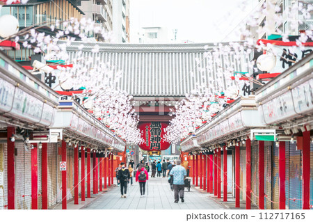 ``Tokyo'' Tokyo sightseeing spot Sensoji Temple Nakamise Street and cherry blossoms in full bloom ``Tokyo'' Tokyo sightseeing spot Sensoji Temple Nakamise Street and cherry blossoms in full bloom 112717165