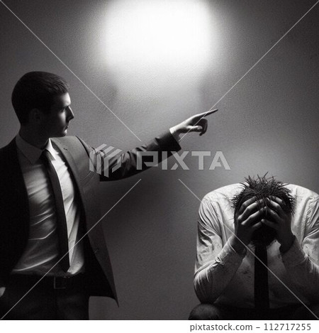 Boss pointing and businessman holding his head 112717255