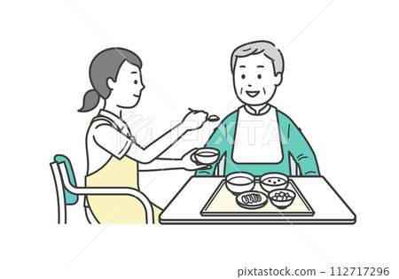 Illustration of a caregiver and an elderly man assisting with meals 112717296