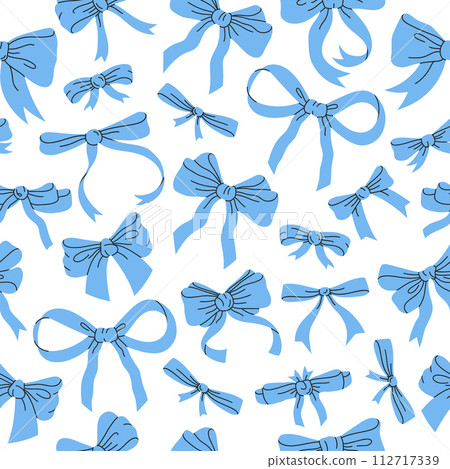 Cartoon bows pattern. Birthday gifts bows seamless pattern, blue ribbon decoration print flat vector background illustration. Hand drawn silk bows backdrop 112717339