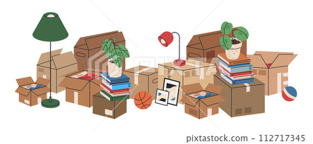 New house moving boxes. Moving stuff in stacked cardboard boxes, carton moving boxes with books, clothes and pot plants flat vector background illustration. Hand drawn moving boxes 112717345