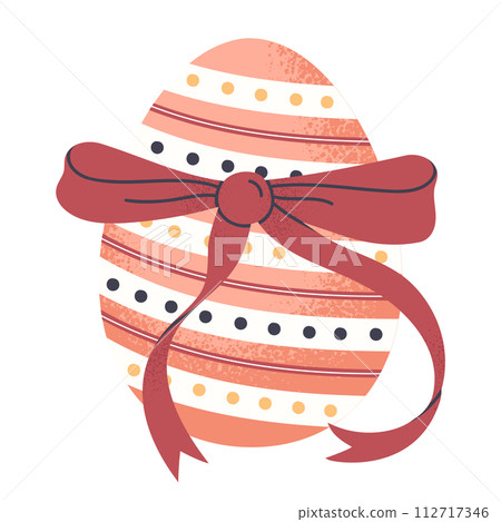 Painted Easter egg with ribbon. Spring Easter holiday chocolate egg with bow, traditional easter treat flat vector illustration. Cute decorative egg on white Painted Easter egg with ribbon. Spring Easter holiday chocolate egg with bow, traditional easter treat flat vector illustration. Cute decorative egg on white 112717346