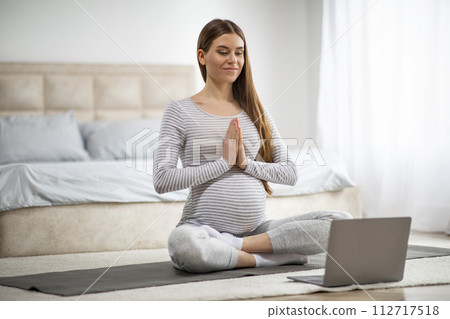 Calm Young Pregnant Woman Having Online Yoga Lesson With Laptop At Home 112717518