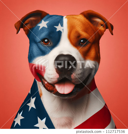 AI-generated content. In a patriotic portrayal, a proud dog is depicted with an American flag 112717536