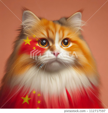 AI-generated content. The dignified portrait shows the cat next to a Chinese flag against a bright AI-generated content. The dignified portrait shows the cat next to a Chinese flag against a bright 112717597
