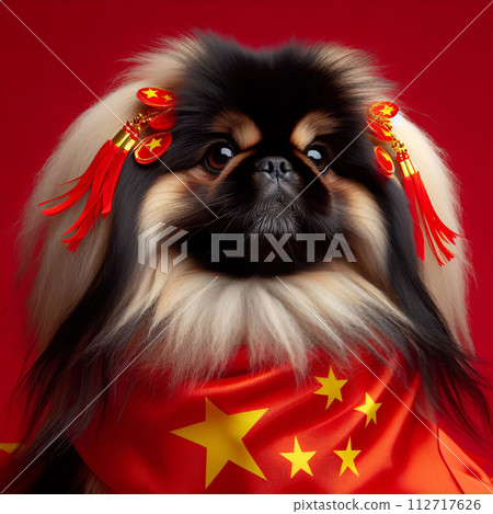 AI-generated content. Pekingese is depicted with Chinese New Year decorations on a bright red 112717626
