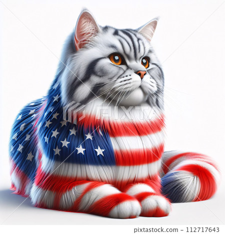 AI-generated content. The patriotic 3D illustration features an American cat next to a US flag 112717643